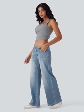 NWOT Halara Flex Asymmetric Low Rise Zipper Pockets Baggy Wide Leg Washed Casual